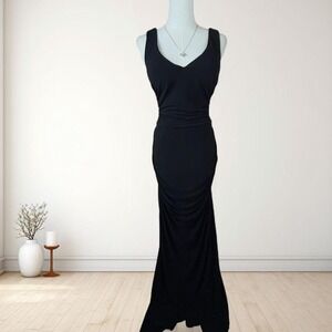 Y2K black draped mermaid maxi dress open back beaded formal gown model